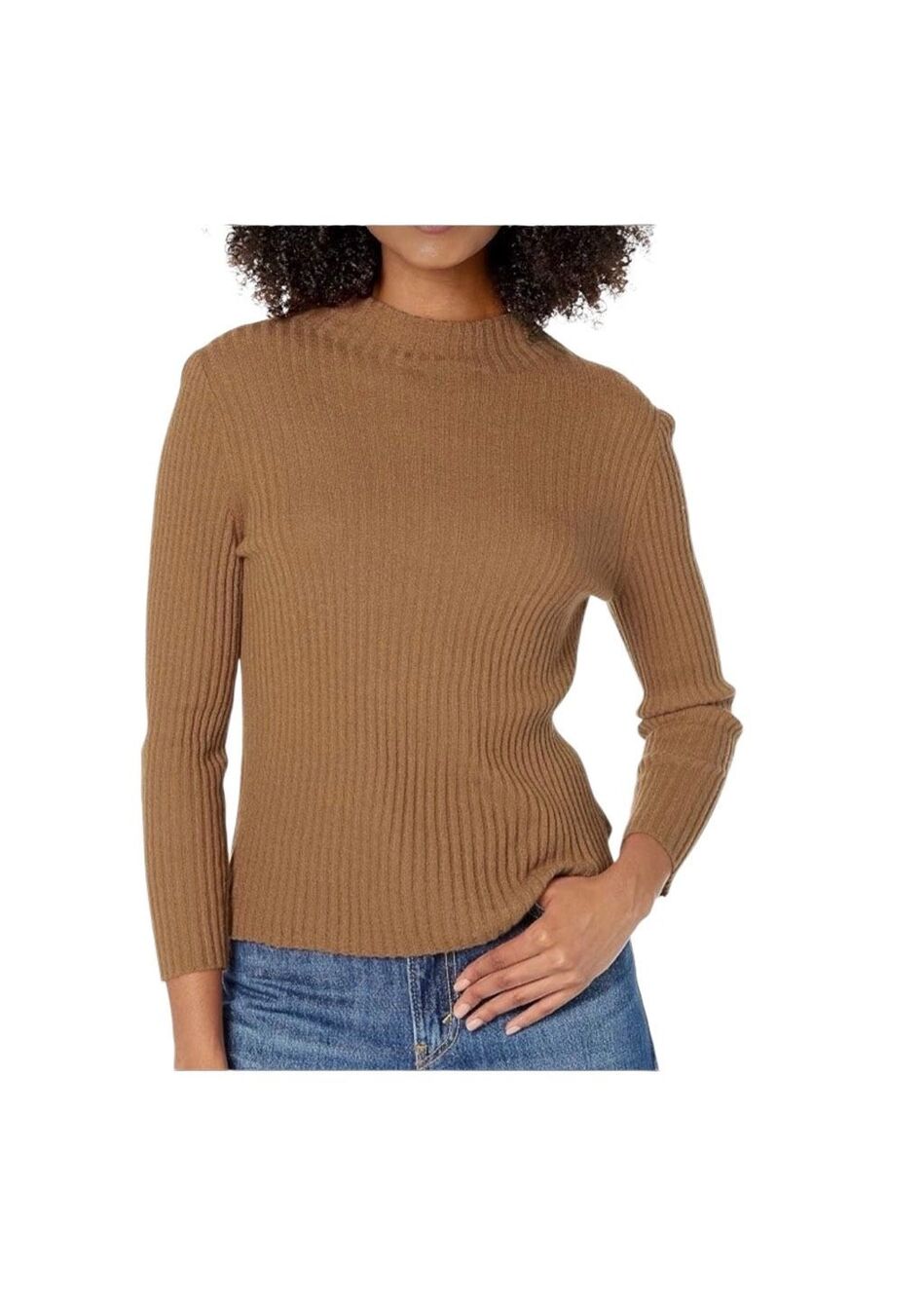 Vince $365 Women's 3/4 Sleeve Ribbed Cashmere-Silk Mock Neck Sweater Tan XL NWT